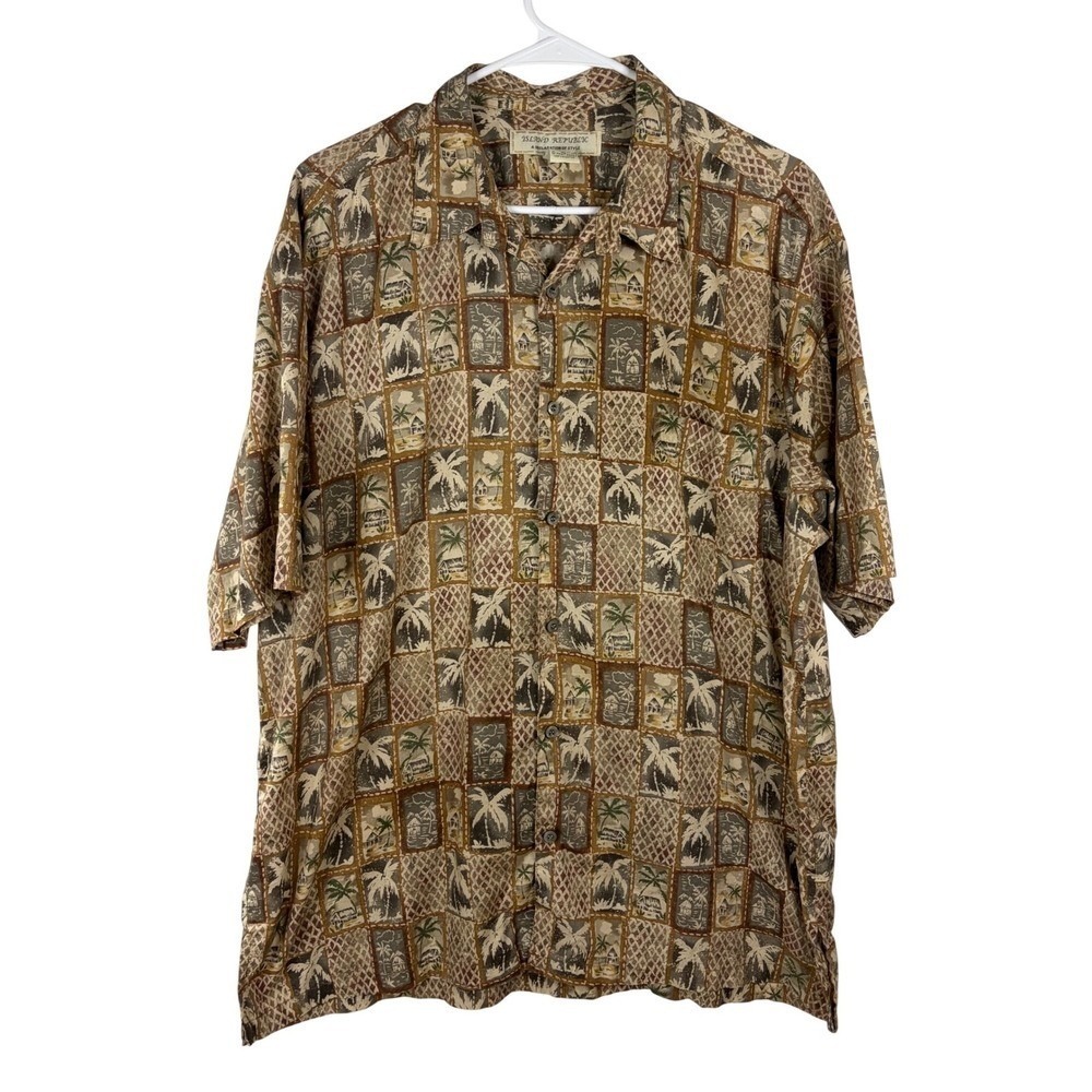 Island Republic Mens XL Brown Palm Tree Tropical Cotton Button Down Shirt